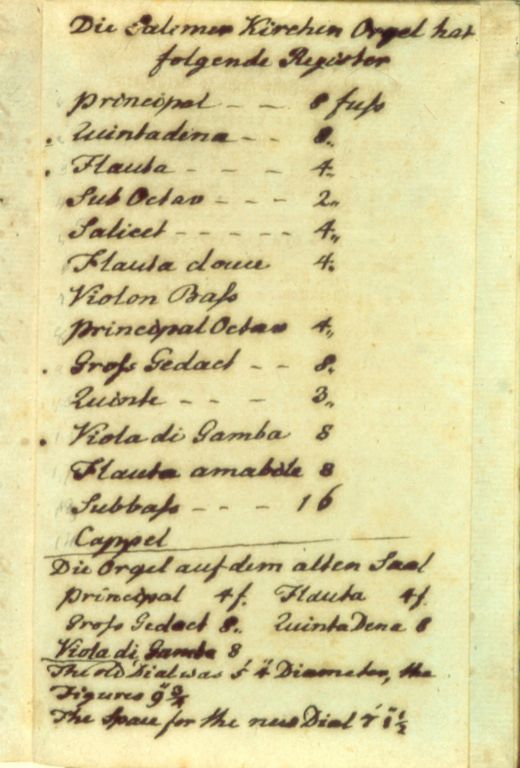Handwritten stoplist by Frederic Marshall, administrator for the town of Salem, c. 1801. Photo courtesy of Moravian Archives, Winston-Salem, NC. 